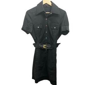 Bebe Black Utility Shirt Dress Belted Button Front Collared Short Sleeve Size L